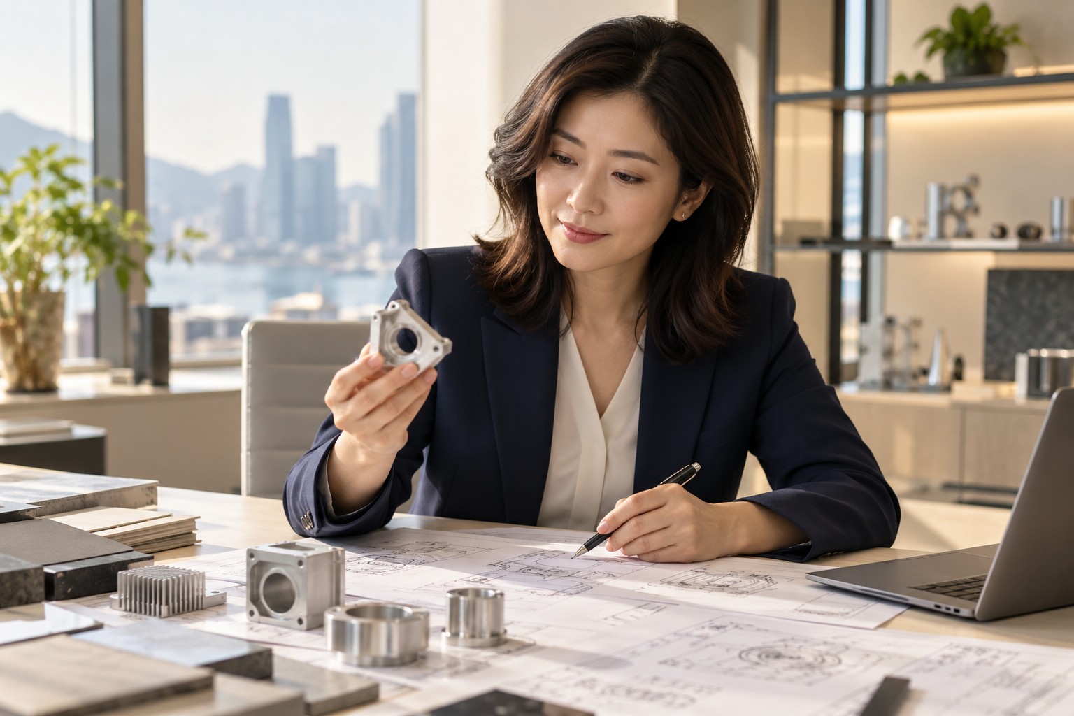 Illustrative businesswoman reviewing drawings and aluminium samples